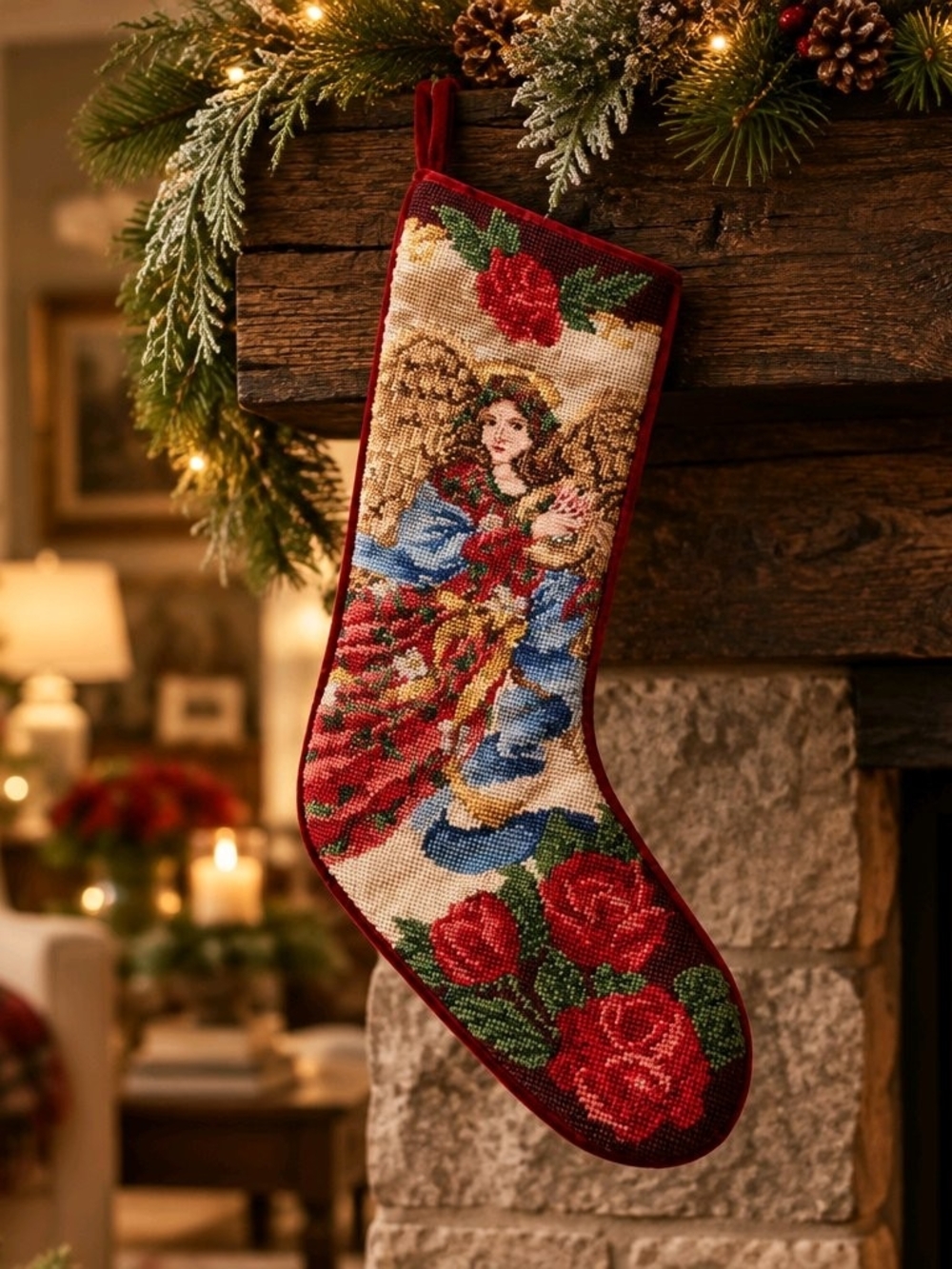 Vintage Wool Handcrafted Red Angel Needlepoint Christmas Stocking